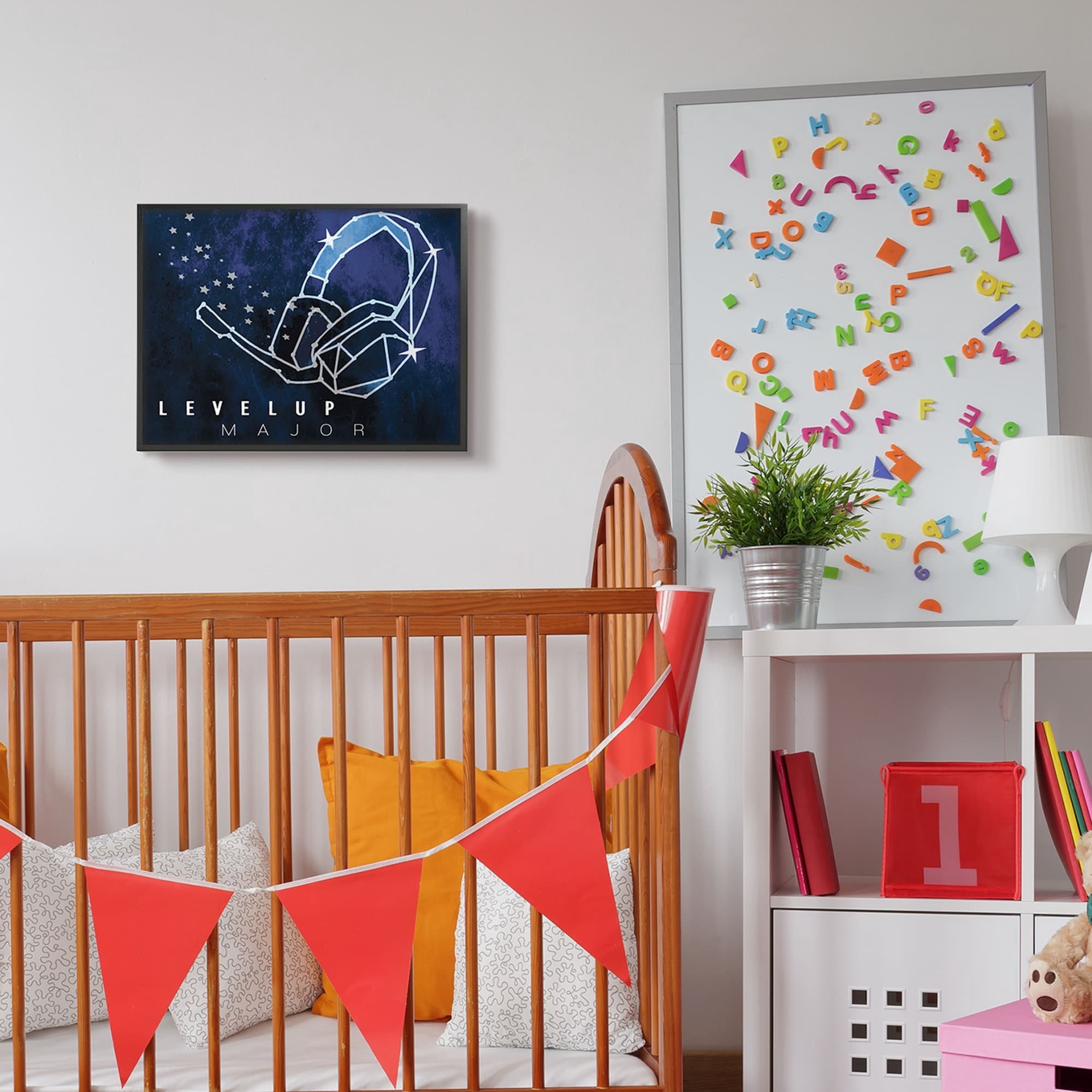 Stupell Industries Level Up Major Gaming Quote Space Stars Headset Graphic Art Gray Framed Art Print Wall Art, 16x20, by Daphne Polselli