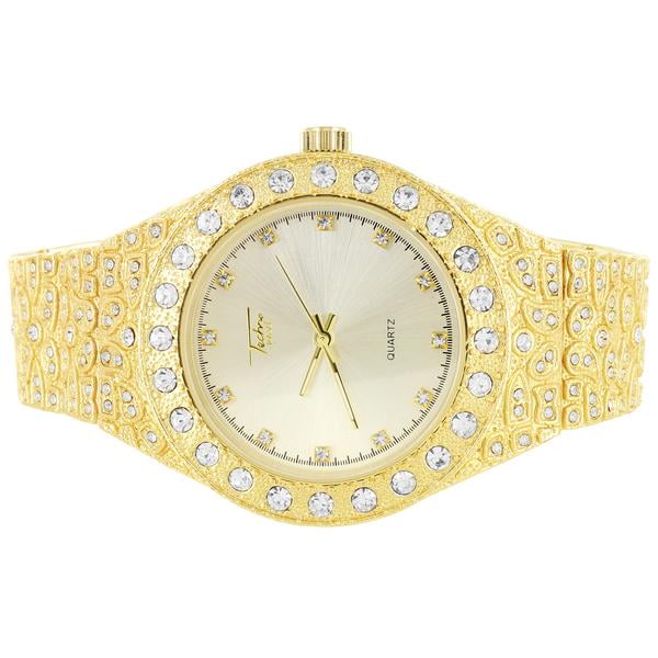 Master Of Bling 14k Gold Finish Icy Men's Nugget Band Luxury Watch