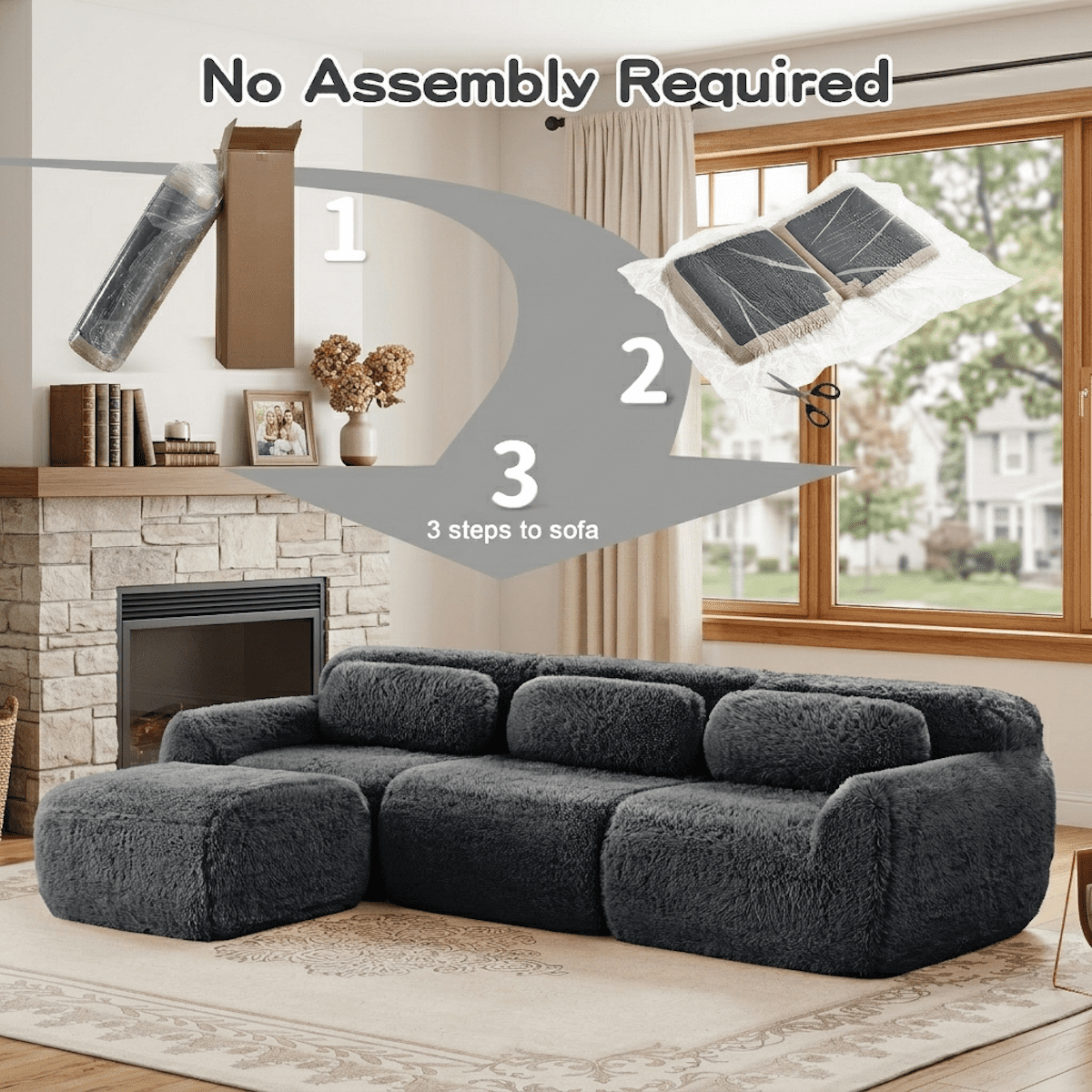 Xiweot 115" L Shaped Sectional Sofa, Boneless Compression Cloud Couch with Ottoman, Modular High Density Foam Sofa, Fluffy Faux Fur Deep Seat Couch, No Assembly Living Room Furniture for Apartment