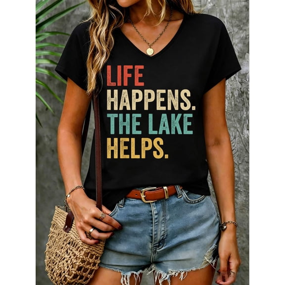Retro life happens the lake helps Vintage V Neck T-Shirt Cotton Women's V Neck Graphic Tee, Casual Short Sleeve Shirt,Vacation Outfit