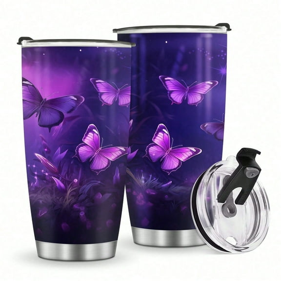 Foloda 1pc Purple Butterfly Tumbler Gift Stainless Steel Tumbler Butterfly Gift for Women Daughter  Christmas Birthday Mothers Day Home Decoration Gift 20oz Insulated Coffee Mug Car Cup for Outdoor
