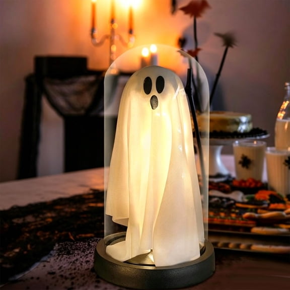 Halloween Decoration Indoor Outdoor Clearance Under $5.00! Thanksgiving Fall Decorations for Home, Halloween Ghost Cloche Night Light Fabric Ghost Lamp Glass Dome Decor For Mantel Party
