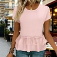 thumbnail image 2 of YUGYXL Women's Short Sleeve Peplum Top Ruffled Hem Crew Neck Casual Cute Summer Blouse Solid Color Loose Fashion Tunics Pink XXL, 2 of 8