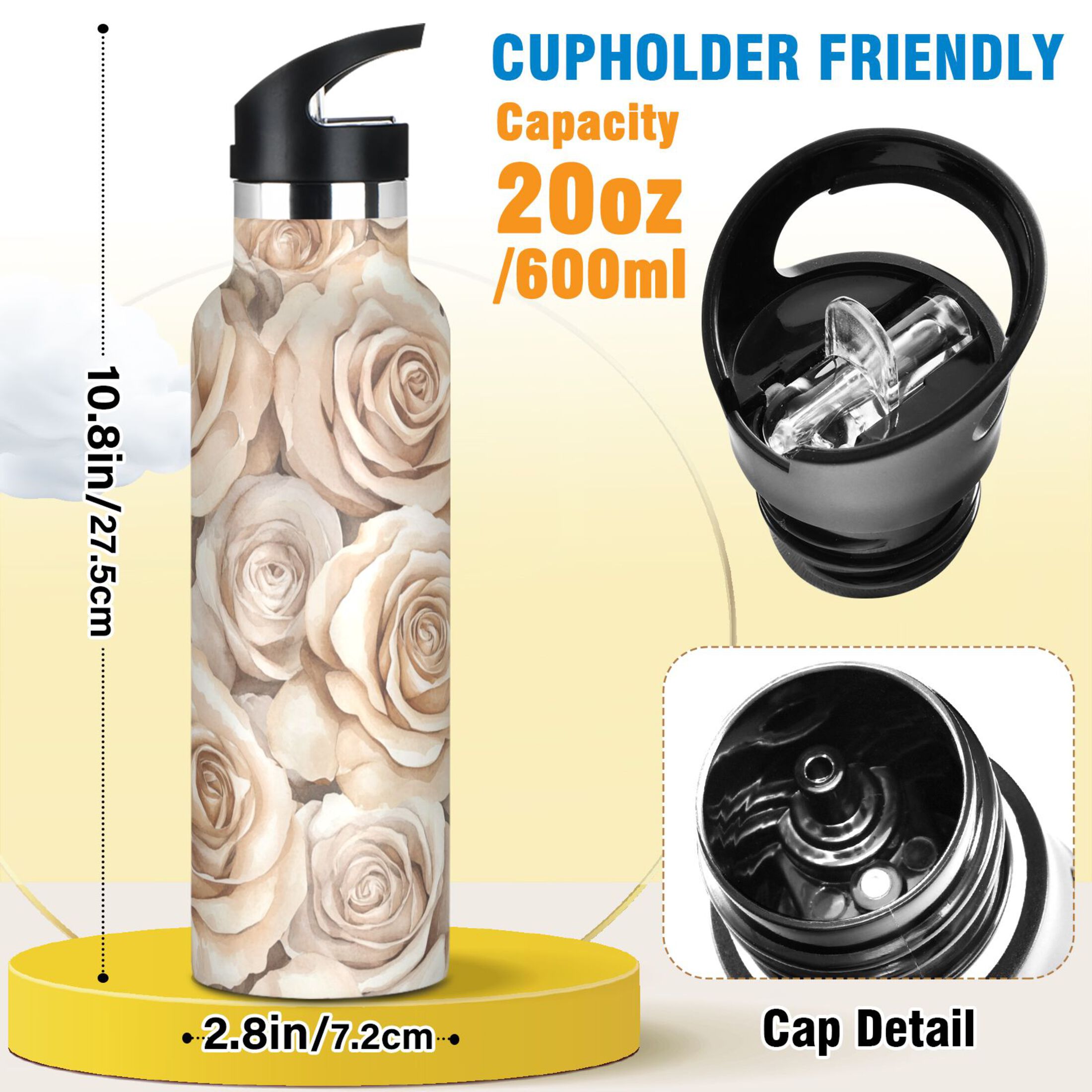 600ML Stainless Steel Insulated Cup Sports Water Bottle Portable Thermos Cup Water Glasses Insulated Tumblers Convenient and Durable Cartoon Beige Roses