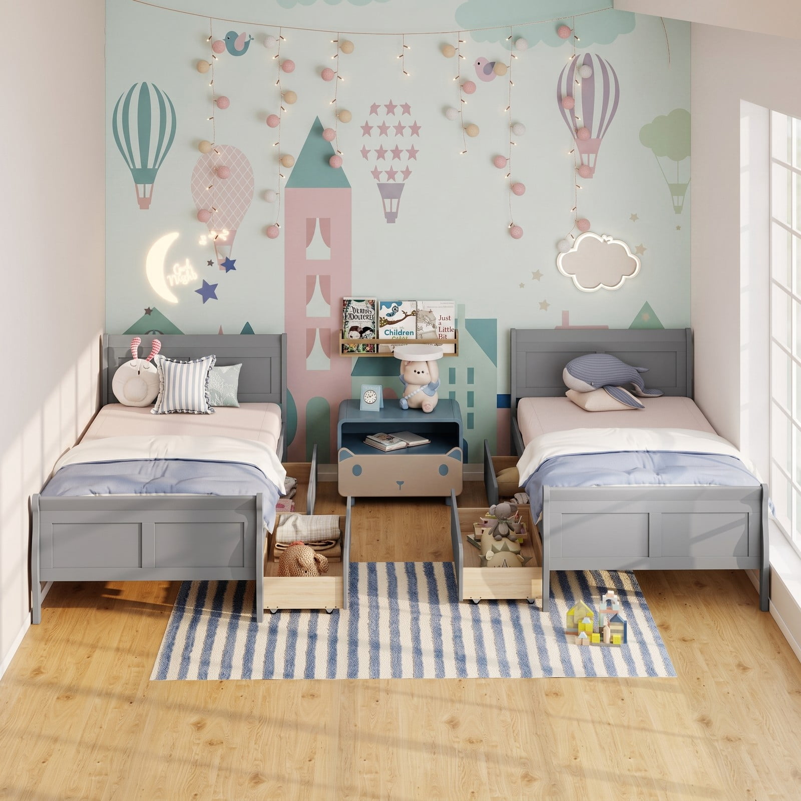 Furnibear Twin Bed Frame with Storage, Wood Sleigh Bed with 2 Storage Drawers and Curved Headboard, Space Saving, Gray