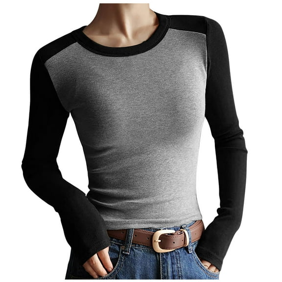 Luxalzxs Womens Basic Long Sleeve Round Neck Crop Top Double Layer Slim Fit T-Shirt Plunge Sleeve Bottoms Y2K Tops