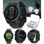 Garmin fenix E – 47 mm, AMOLED Slate Gray Steel with Black Silicone Band Multisport GPS Smartwatch with White EarBuds