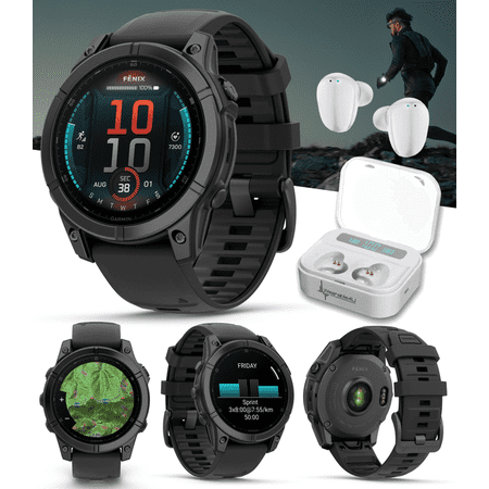 Garmin fenix E – 47 mm, AMOLED Slate Gray Steel with Black Silicone Band Multisport GPS Smartwatch with White EarBuds