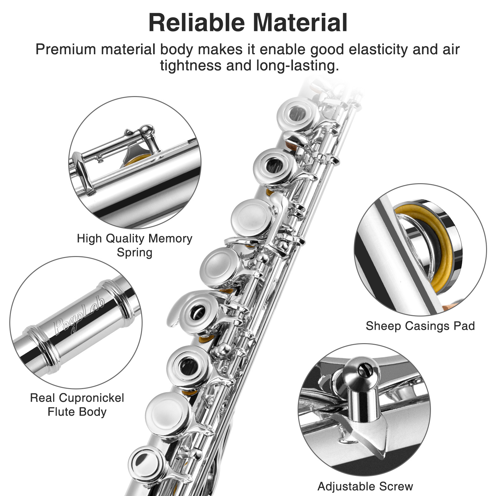 POGOLAB Open Hole C Flute Silver Plated 16 Keys Flute Instrument for Beginner Advanced Player Student Flute with Case Strap Probe Rod Gloves Grease Adjustment Screwdriver Cleaning Kit