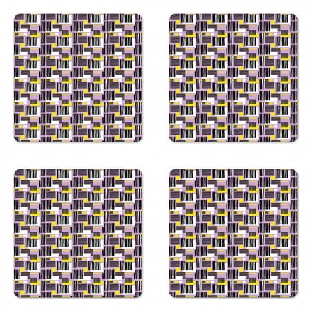 

Geometric Coaster Set of 4 Abstract Modern Pattern with Grunge Stripes and Squares Square Hardboard Gloss Coasters Standard Size Lilac Charcoal Grey by Ambesonne