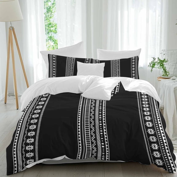 3 Piece Black Boho Duvet Cover Set Full Size,Microfiber Comforter/Quilt Cover with Corner Ties and 2 Pillowcases,Vintage Abstract Striped Geometric Motifs All Season Soft Bedding with Zipper Closure