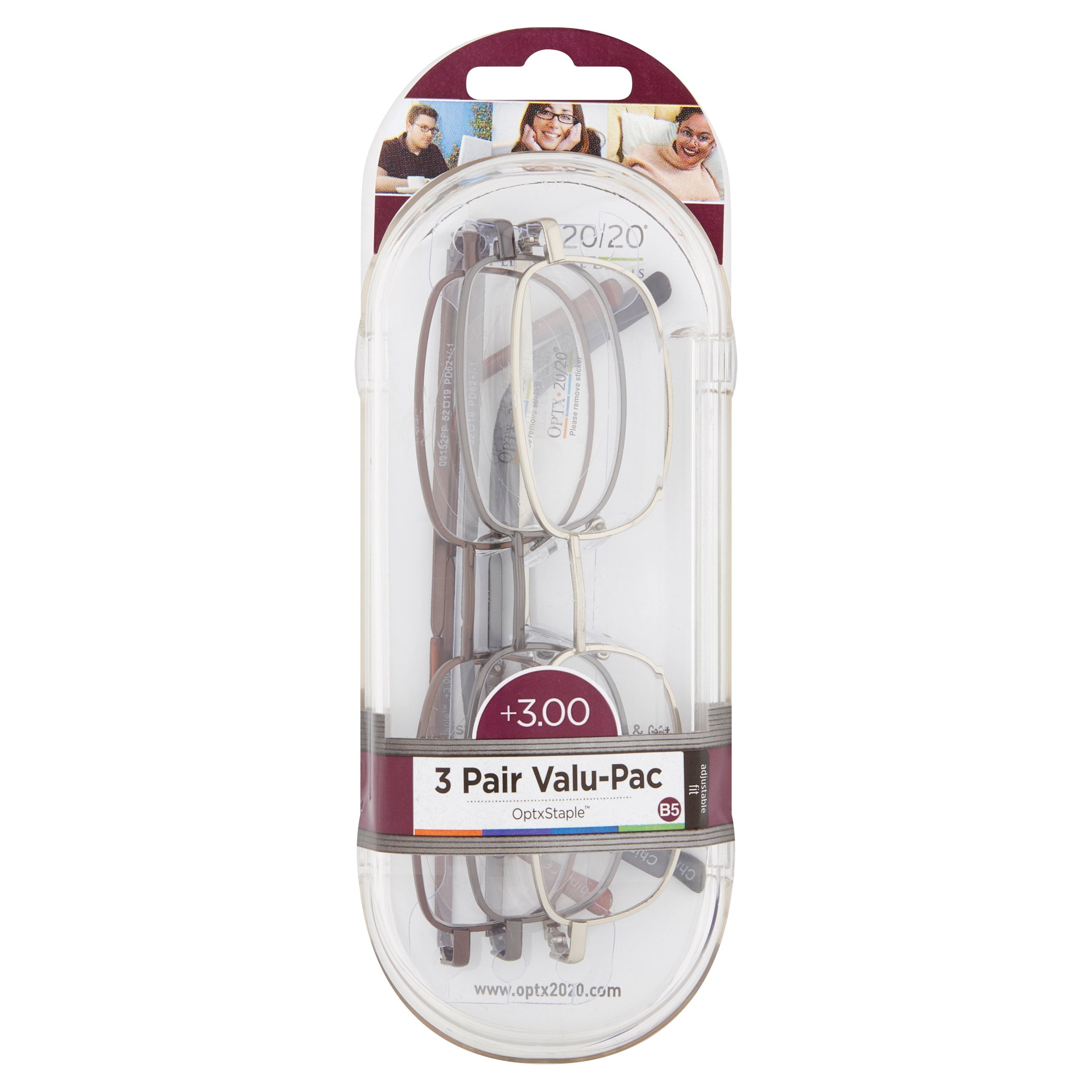 OPTX 20/20 Reading Glasses Adjustable Fit +3.00 3 CT