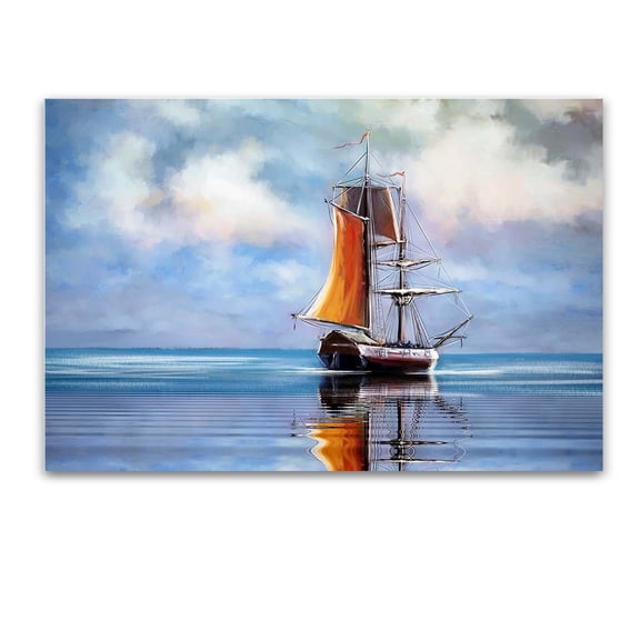 Startonight Tempered Acrylic Glass Wall Art - Orange Sailing Boat, Ocean Landscape Theme Artwork 24" x 36"