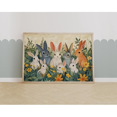 Bunny Family Wall Art Woodland Rabbit Print For Room Nursery Animal Poster Spring Bunny Decor Poster Print Only