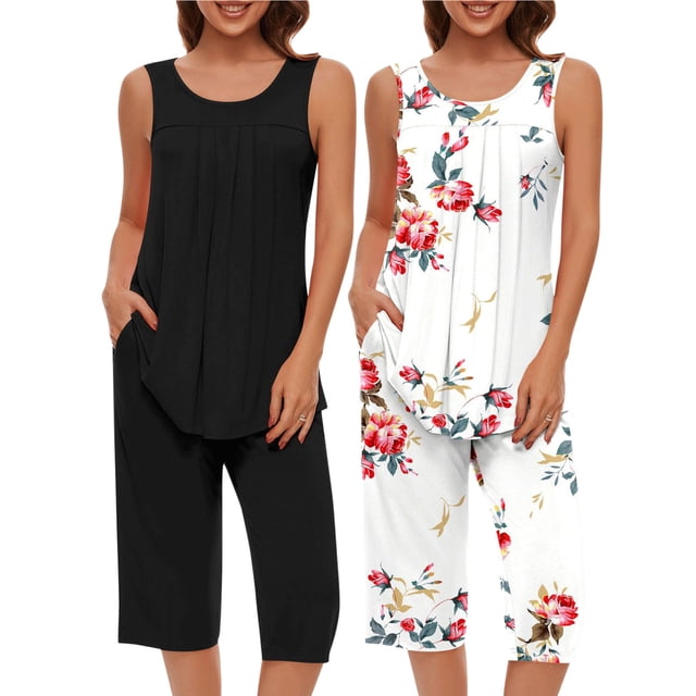 Conjunto de Ropa de Salón para Mujer, Ropa de Dormir con Cuello en V Impresión de Manga Corta Blusa Y Pantalones Cortos con Cintura Elástica Hecha de Poliéster, Blusas para Mujeres Casual