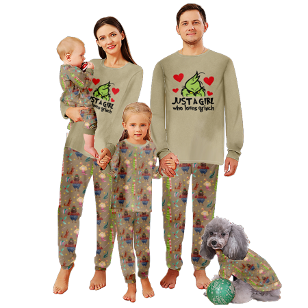 

FUNIER Family Christmas Pajamas Grinch Khaki Printed Sizes for Adult-Kids-Baby-Pet 2-Piece Top and Pants Bodysuits Pajamas Set