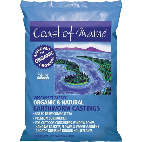 Coast of Maine OMRI Listed Wiscasset Blend Earthworm Castings Compost Plant Potting Soil Blend for Container Gardens and Flower Pots, 8 Quart Bag