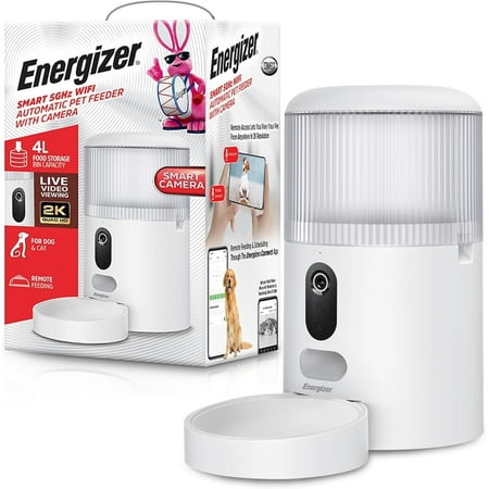 Energizer Smart Pet Feeder Automatic Pet Feeder with 2K Video Camera & Two-Way Audio White