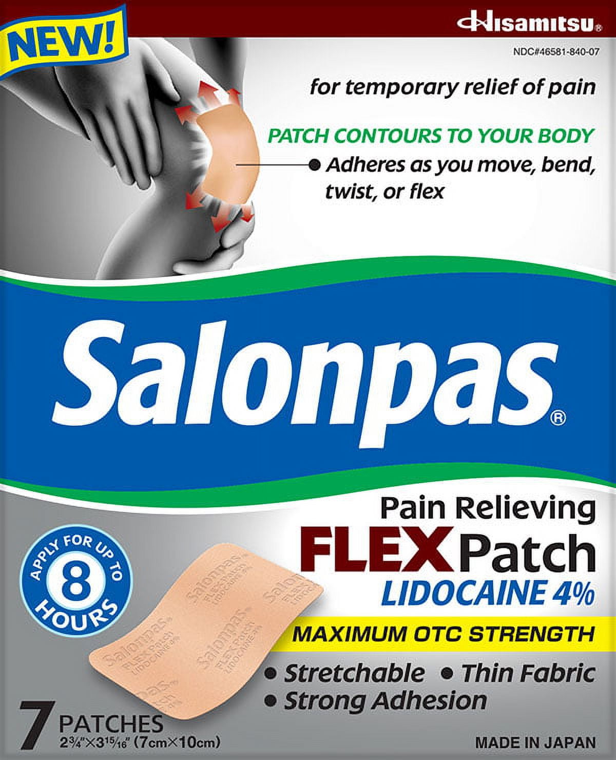 Salonpas Pain Relieving Flex Patch Lidocaine 4%, 7 Count - Pack of 5