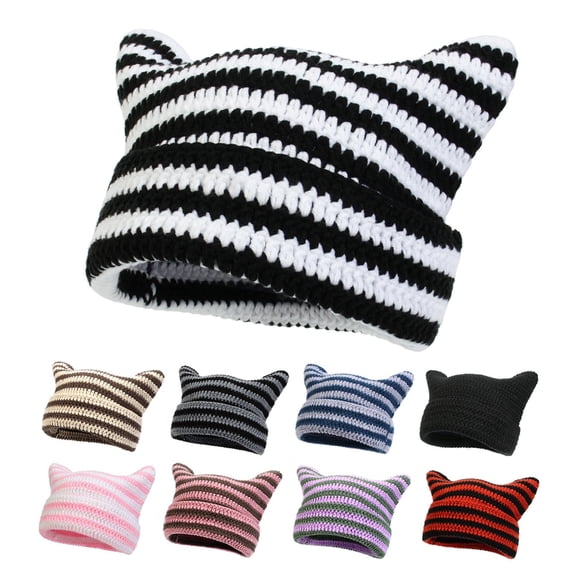 Knit Beanie for Women Men Helii Casual Y2k Retro Soft Crochet Cat Ear Stripe Skull Cap Warm Thick Outdoor Fashion Accessories Brown Daily Cuffed Hat for Fall Winter