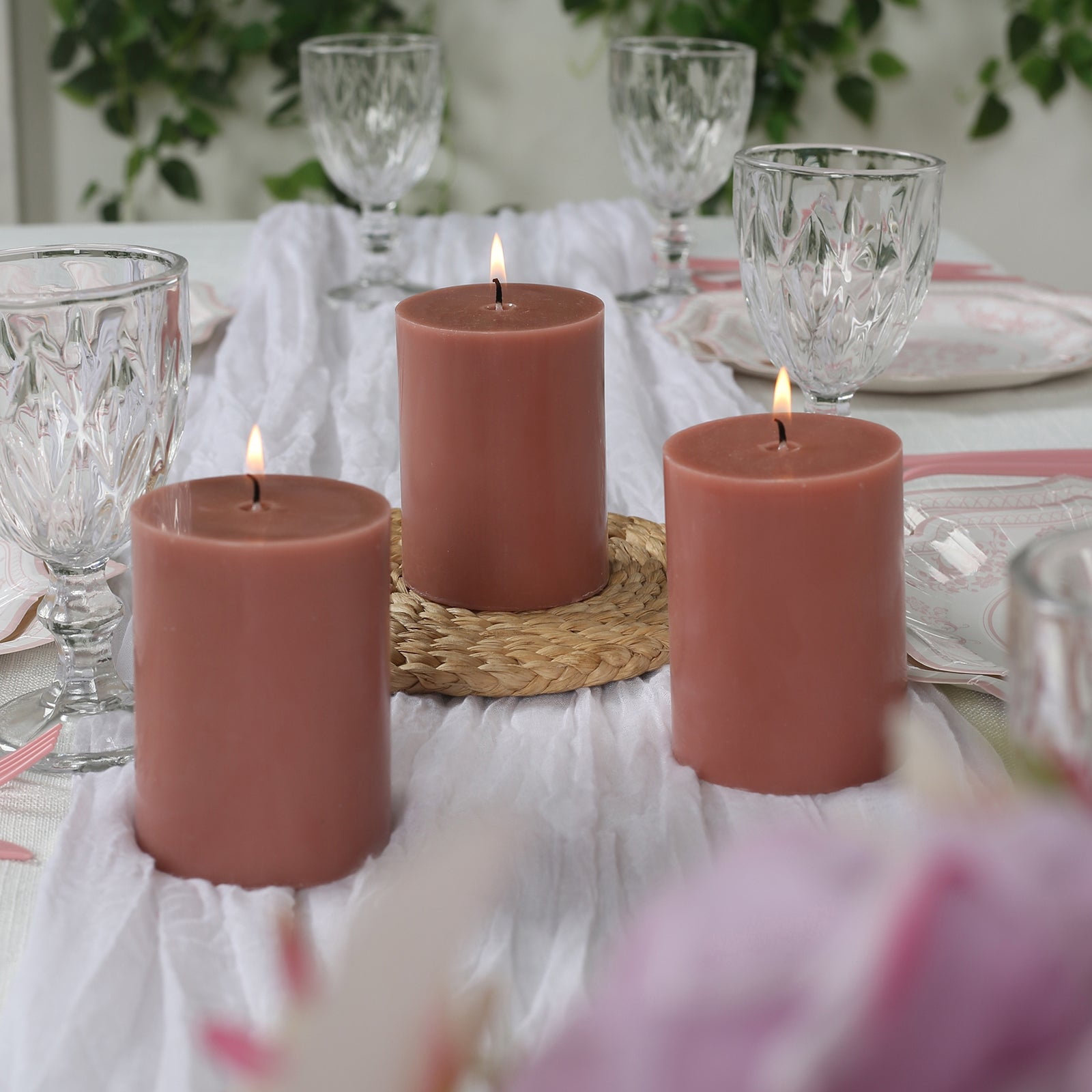 Efavormart 12-Pack Unscented Pillar Candles – Dripless 3"x4" Beige Paraffin Wax with Smokeless Cotton Wicks, Clean & Long-Lasting Burn for Weddings, Home & Event Decor
