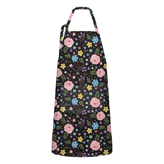 Pioneer Flower Floral Print Pattern Apron for Women and Men, Cotton Linen Waterproof with Pockets, Adjustable, 33x27 Inch for Kitchen, Gardening, BBQ, Salon