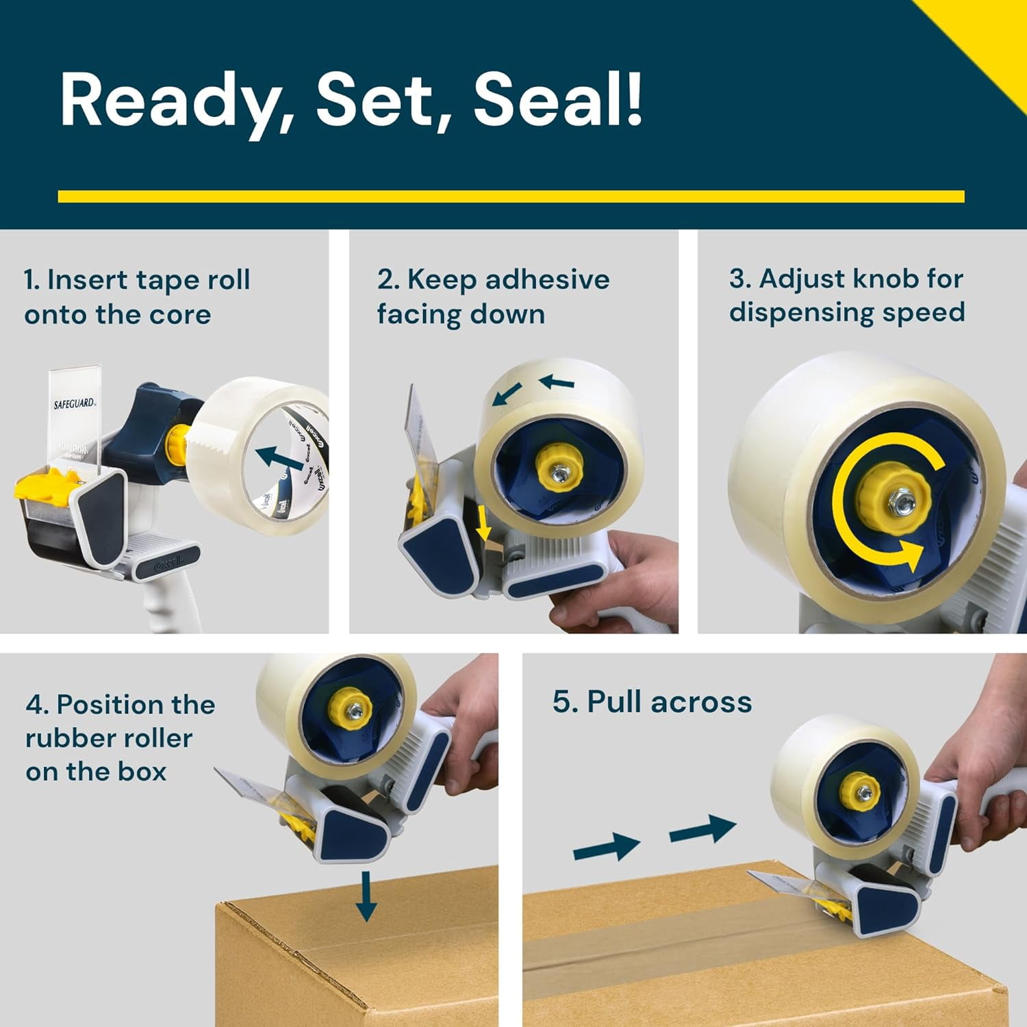Excell Safeguard Packing Tape Dispenser with 1 Roll – 2 Inch Wide Tape Gun for Packaging, Box Sealing, and Carton Sealing