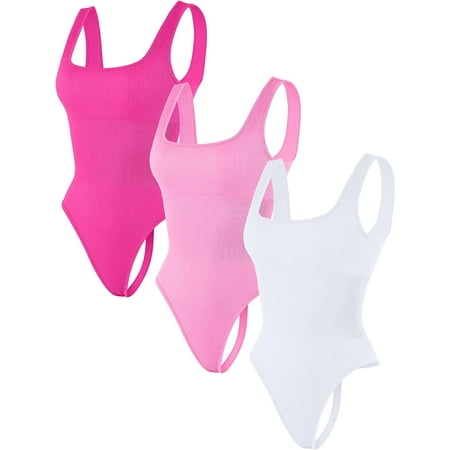 Thong Bodysuits for Women 3 Piece Sexy Ribbed Seamless Tummy Control Shapewear Sleeveless Square Neck Tank Top