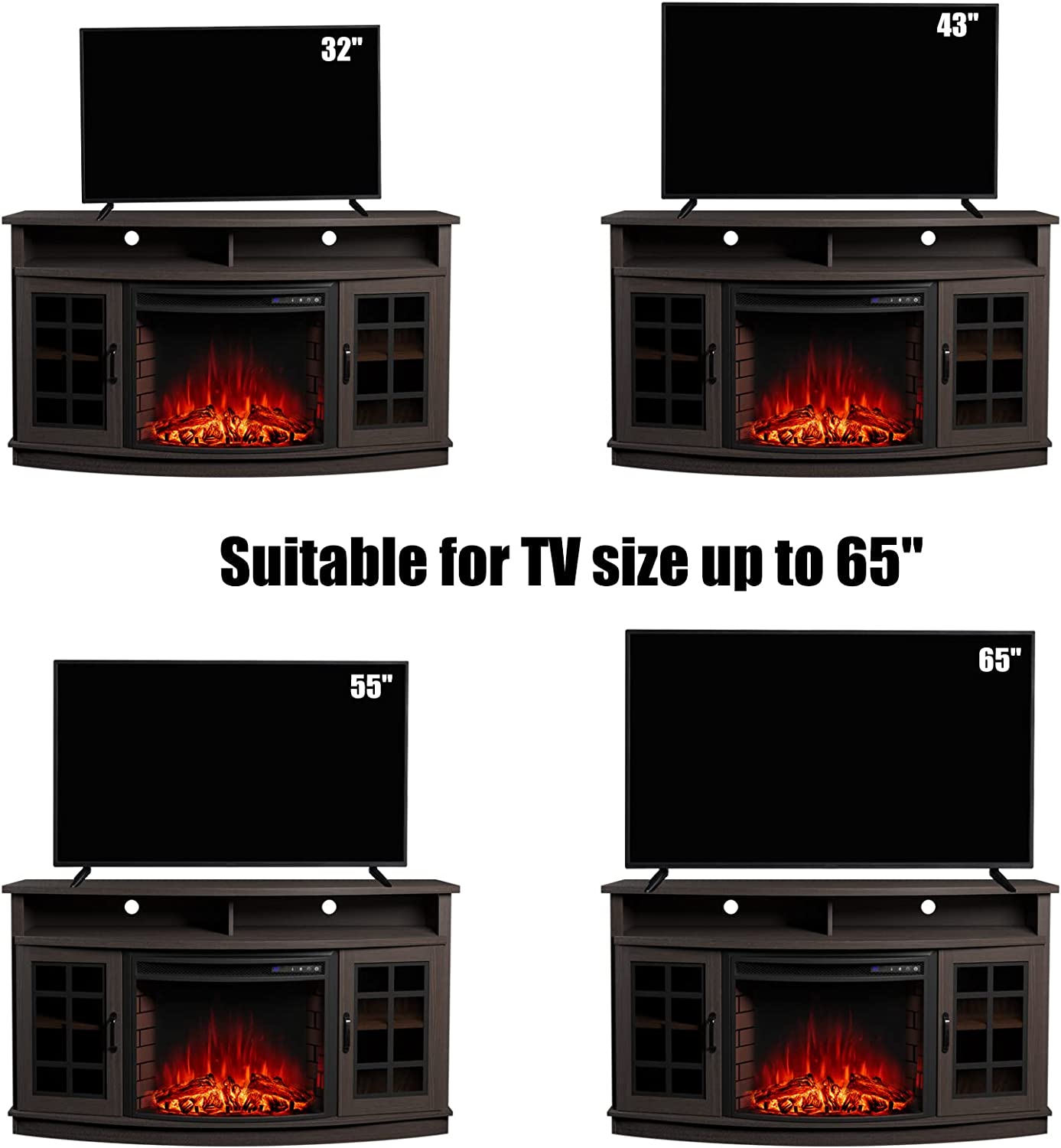 VANACC Curved Fireplace TV Stand with 26" Fireplace, Console Table for TVs up to 65", Espresso