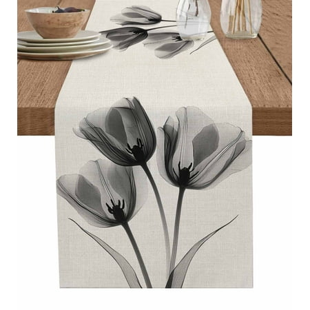 

Table Runner Dresser Scarf 13 x 72 Inch Spring Retro X-ray Image of Black Tulips Floral Leaf Beige Table Runners Non-Slip Heat Kitchen Dining Table Decor for Indoor Outdoor Home Party Decoration
