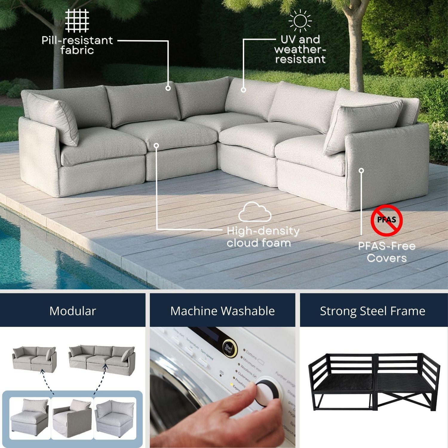 Patioflare Flexiform U-Shape Modular Patio Sofa Set, Grey