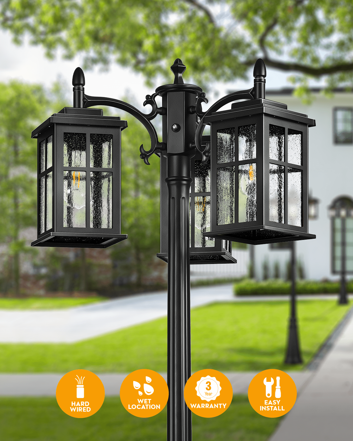 Dusk to Dawn Outdoor Lamp Post Light, Waterproof Outdoor Post Lights, Black Anti-Rust Light Poles for Outside, Modern 3-Head Lamp Posts Outdoor Lighting with Transparent Glass for Backyard