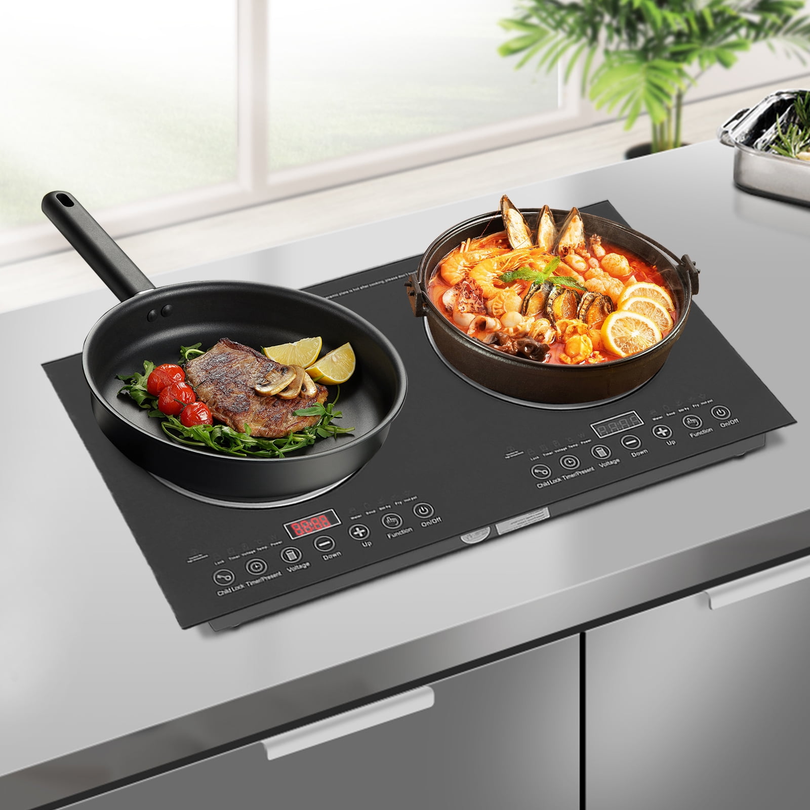 Double Induction Cooktop 2 Burner Independent Controls Cooker 110V Horizontal Electric Stove with Touch Sensor Child Safety Lock