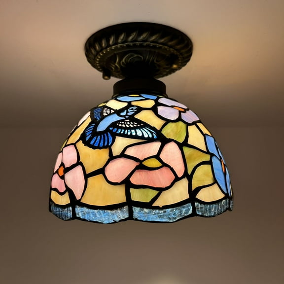 Tiffany Ceiling Lights Fixture Pink Blue Stained Glass Hummingbird Flowers LED Bulb Included for Living Room Bedroom Kitchen 8”W*8”D*8”H