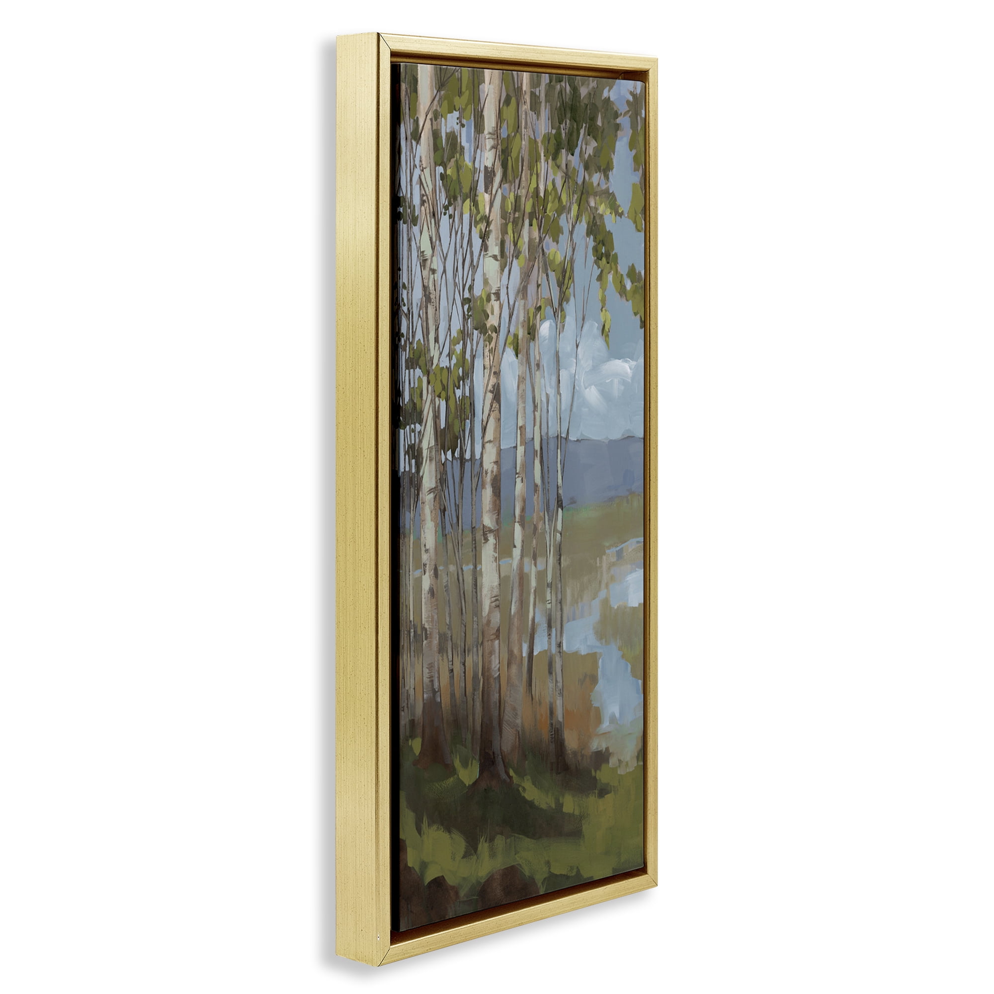 Stupell Industries Rustic Birch Grove Landscape Painting Gold Floater Framed Art Print Wall Art, 15 x 31