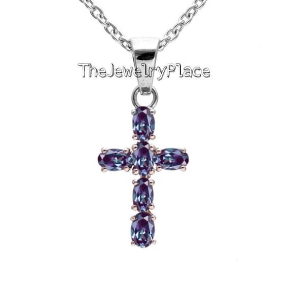 Alexandrite Cross Pendant Necklace 925 Sterling Silver June Birthstone