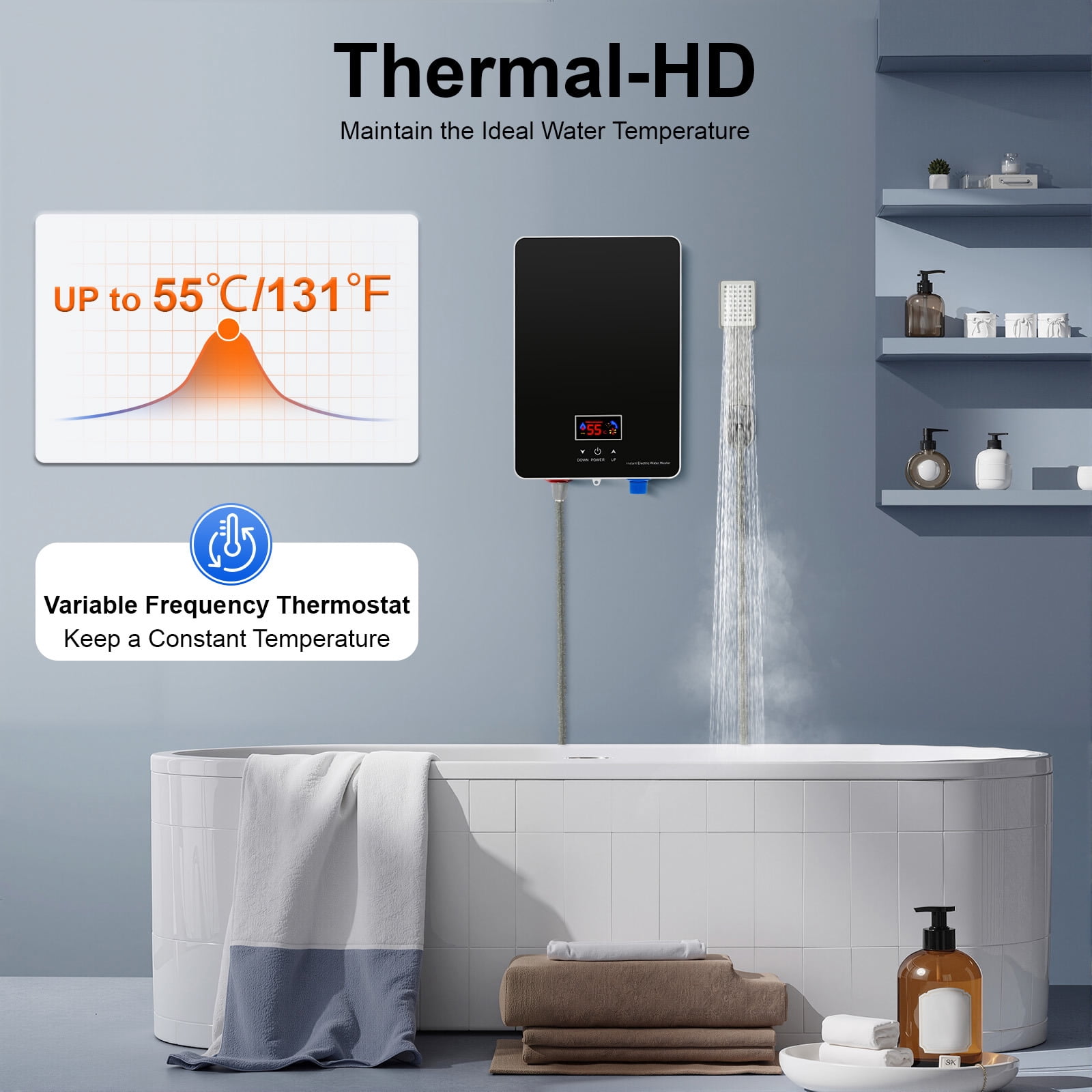 220V Tankless Water Heater Electric Water Heater for bathroom With Shower Head 6000W Black