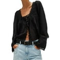 thumbnail image 2 of Women Tie Front Long Sleeve Top Lace Trim Button Shirt Square Neck Loose Blouse Going Out Y2k Clothes Black M, 2 of 9