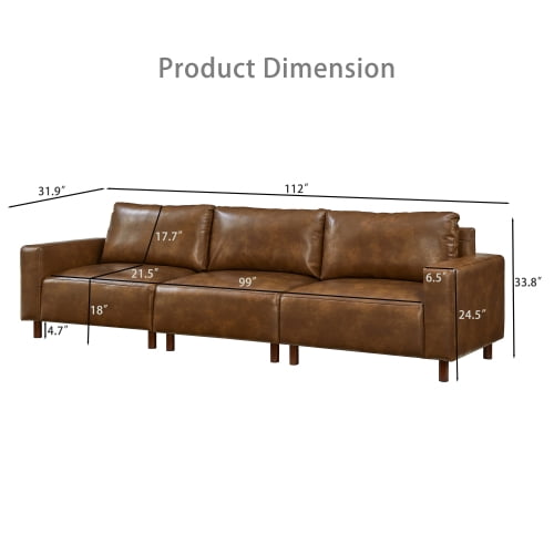 112" Luxury PU Leather Sofa, Mid-Century Modern 3-Seat Breathable Faux Leather Couch with Solid Wood Legs for Living Room & Apartment, Brown