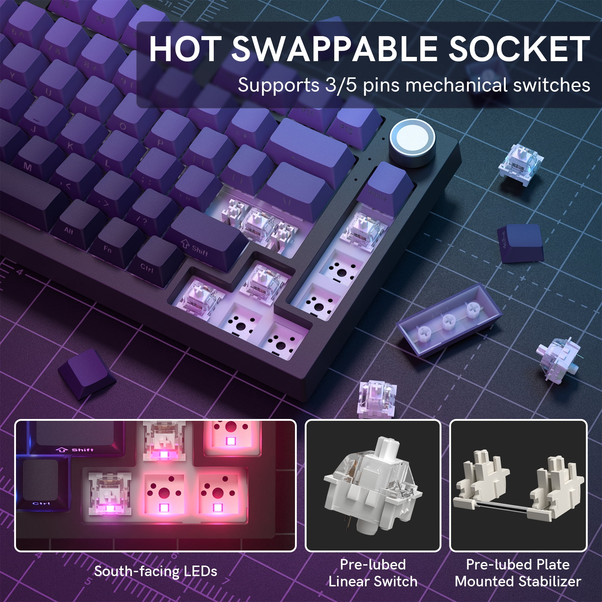 COSTOM WK75 75% Wireless Mechanical Keyboard, 75% Hot Swappable Custom Keyboard with Knob, RGB Backlit, Pre-lubed Switches, 2.4GHz/USB-C/BT5.0 Gaming Keyboards (Purple)