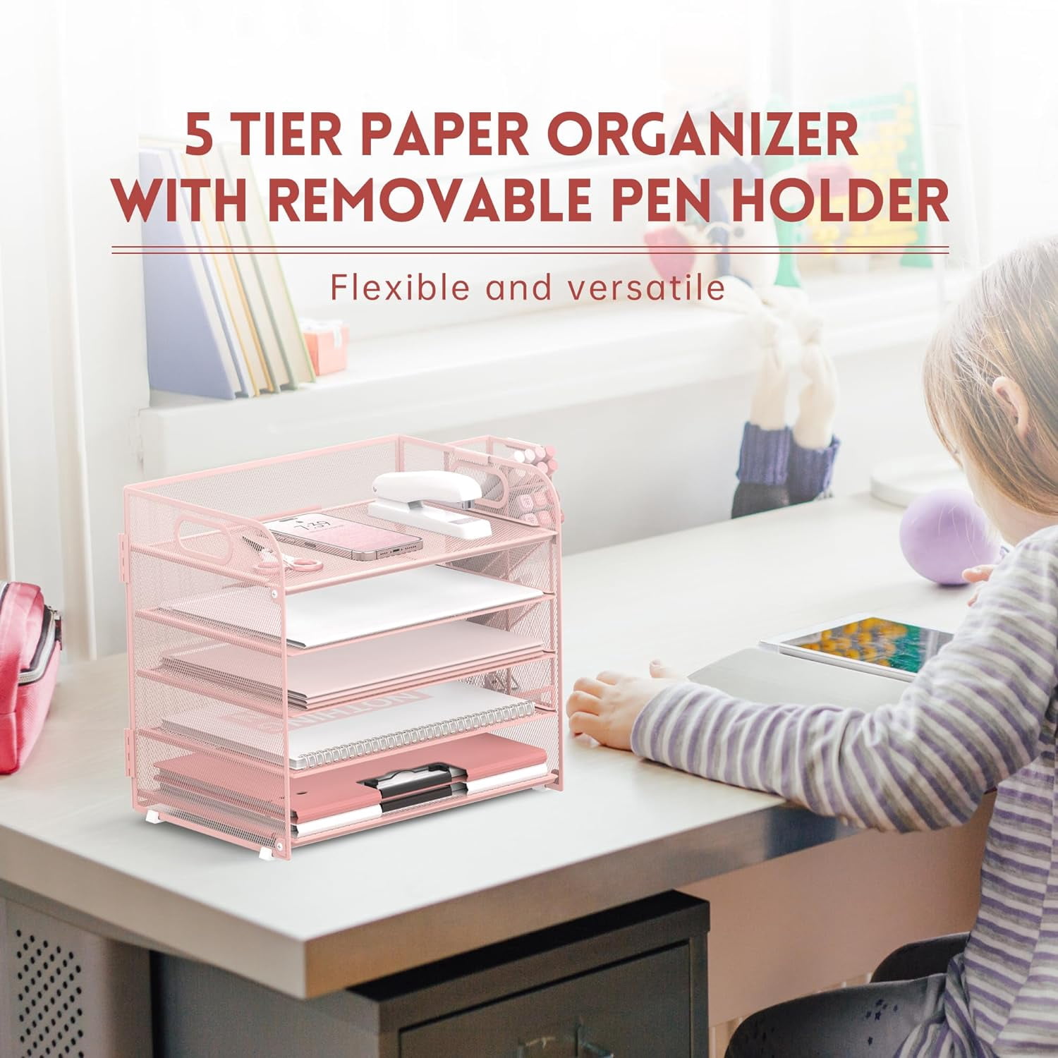 INTIGE 5 Tier Metal Mesh Desk File Organizer with Handle and Pen Holders, Pink, 1 Pcs