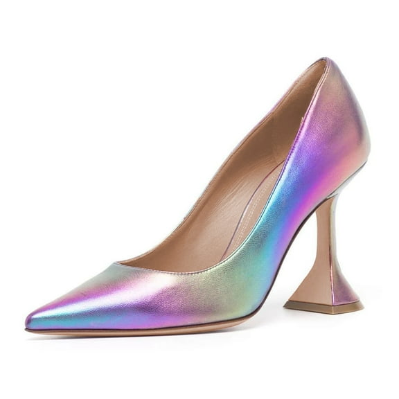 FSJ Women Classic Pointed Closed Toe Slip On Pumps Unique Flared High Heel Sexy Ladies Party Wedding Office Basic Dress Shoes Size 8 Multicolor