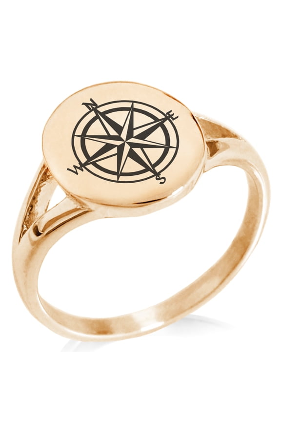 Stainless Steel Nautical Star Compass Minimalist Oval Top Polished Statement Signet Ring