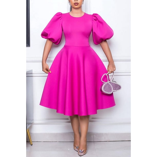 Vestido informal negro de talla grande para mujer, cuello redondo, manga abullonada, línea A, cuello redondo, corte ajustado, Midi, vestido Formal