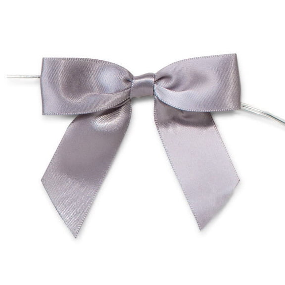 Pack of 12, Solid Silver 3" Pre-Tied Satin Bows w/5" Twist Ties 7/8" Ribbon Allow Easy Attachment to Gift or Cello Bag