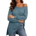 thumbnail image 6 of Fall Outfits for Women Dqueduo Women's Casual Loose Long Sleeve Top With Wide Round Neck Slit Detail And Off Shoulder Option, 6 of 10