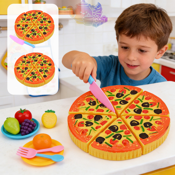 Kids Pretend Pizza Cutting Play Food Set, Simulation Pizza & Fruit Playset with Knife Fork Plate, Kitchen Pretend Play House Toys, Cutting Role Play Toy for Kids Ages 3 and Up