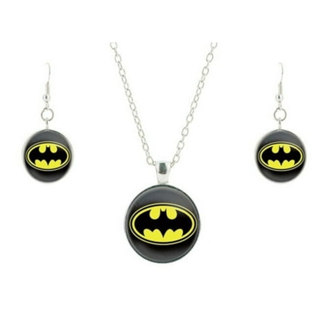 2 Pcs Set Batman Earring Necklace Anti-Tarnish Dome Glass Jewelry-177 SS