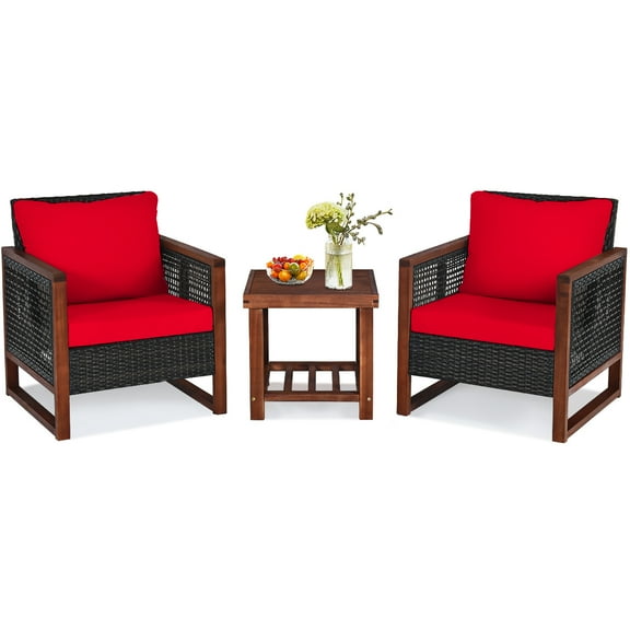 Patiojoy 3PCS Patio Rattan Bistro Set Acacia Wood Frame Sofa and Side Table Red Cushions