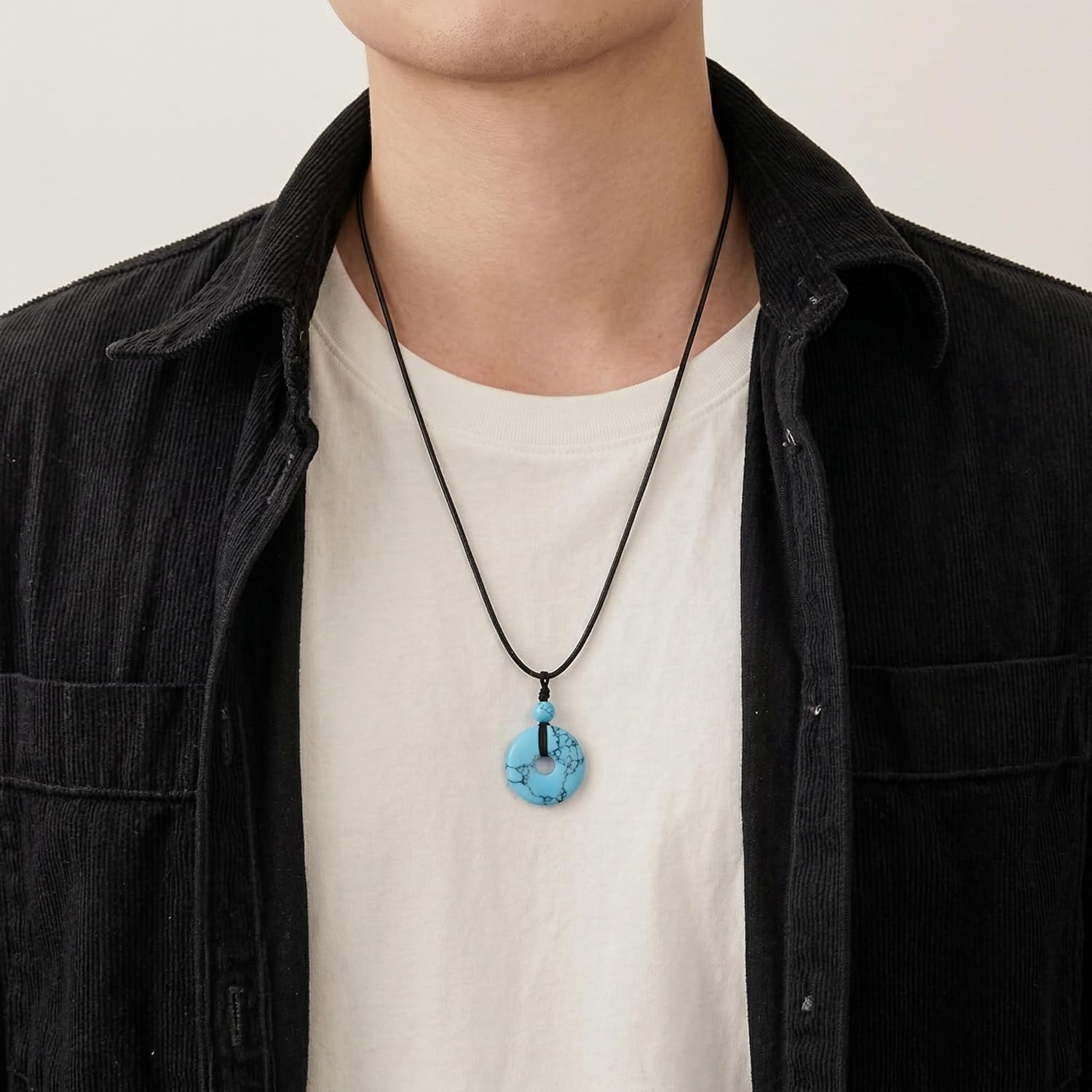 DVEATR Turquoise/Azurite/Tiger's Eye/Malachite/Moonstone Necklace for Women, Bare Stone Pendant Necklace Jewelry Gift, with 45.72 + 5.08cm Leather Cord Chain